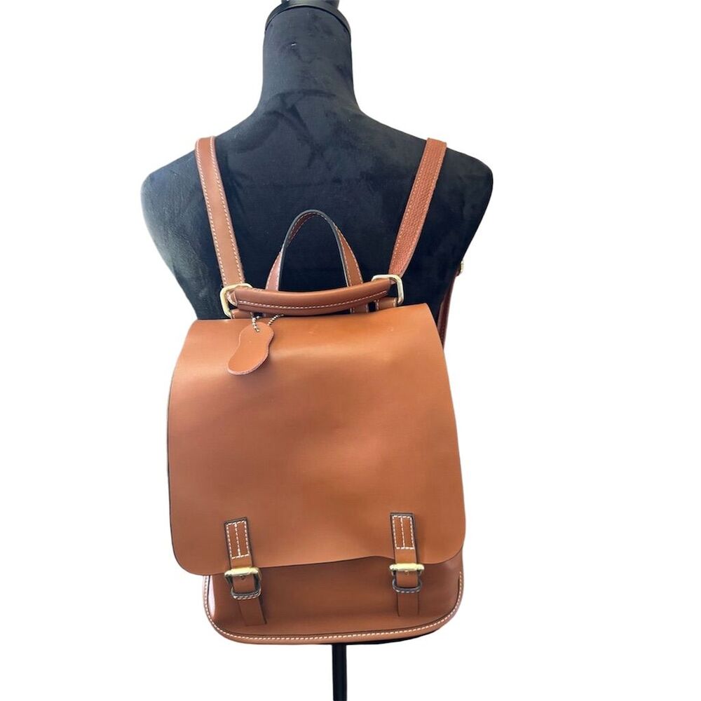 JeHouze Tan Leather Backpack Foldover Double Buckles Unisex Medium Casual Bag